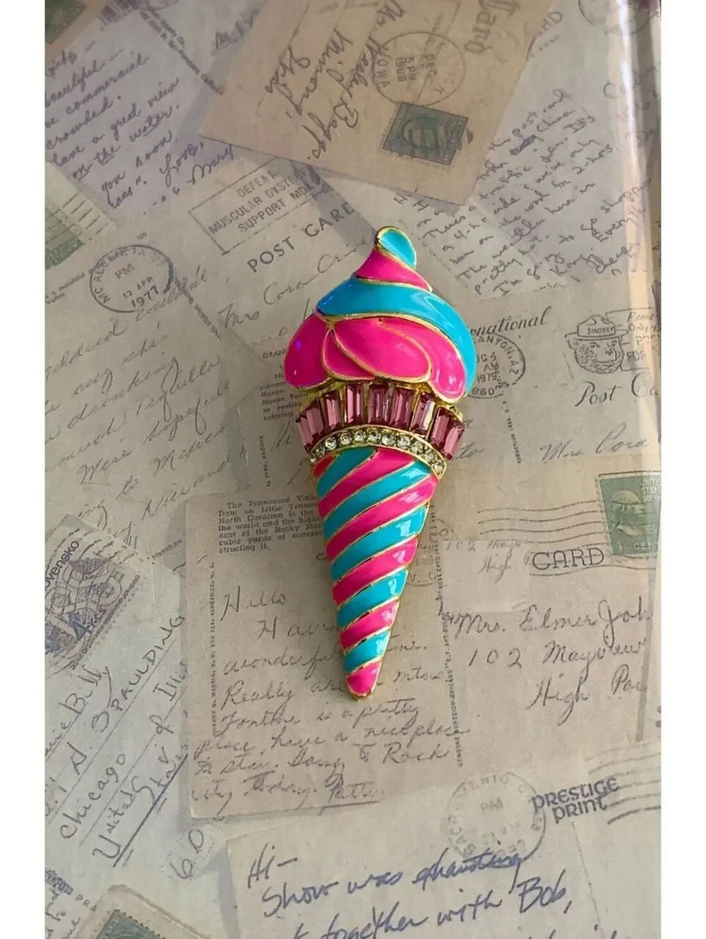 Bright and Fun Ice Cream Cone Pin with Sparkling Rhinestones
